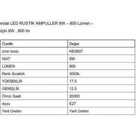 Resim KES607 - Kendal LED Rustik Ampul 8W (800 Lümen) Gün Işığı 