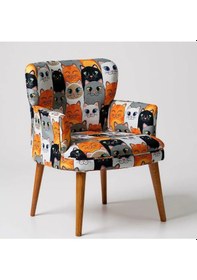 Resim Roma Modern Tekli Koltuk Berjer - Dijital Baskılı Kumaş - Ahşap Ayak - Kedili 1 Kedili - 1 