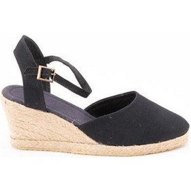 Resim Star Tombis Gerçek Elişi Topuğu Açık Bilekten Bantlı 5cm Dolgu Topuk Siyah Keten Hasır Espadril Handmade Siyah 