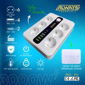 Resim Akım Korumalı 6'lı Grup Priz 4 Usb'li ve 2 Type-C Li 6'lı Grup Priz 2 M Kablo Çocuk Korumalı 