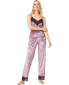 Resim Cottonhill Pudra Dantel Detaylı Kadife Kadın Pijama Takımı Pudra 