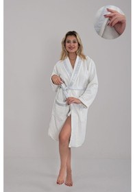 Resim Güvenal Valentis Desenli İşlemeli Kutulu Kadın Erkek Pamuk Bornoz Sabahlık Seti Çeyiz Hediyelik 1 Gri 