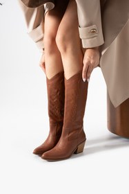 Resim MissPapatya Western Aura Kalın Topuklu Kadın Taba Uzun Kovboy Çizmesi 