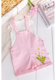 Resim Babymod Çiçek Nakışlı 100% Pamuk Kız Bebek 2'li Salopet Tulum Pembe 