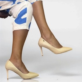 Resim Bej Hakiki Deri Kadın Stiletto 