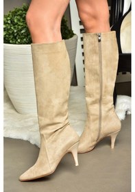 Resim Fox Shoes R372453002 Ten Süet İnce Topuklu Kadın Çizme Ten Rengi 