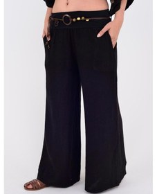 Resim İtalyan Korsajlı Tokalı Kemerli Bol Paçalı Keten Pantolon-9887 Siyah 