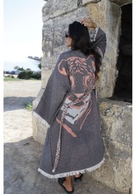 Resim Elif Towels Özel Tasarım Antrasit Renk Kaplan Desenli Kimono Kaftan Antrasit 
