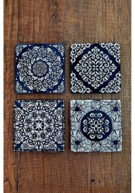 Resim Doğal Taş Bardak Altlığı Tile Desen 10x10cm Stone Coasters 4'lü Set Çok Renkli 