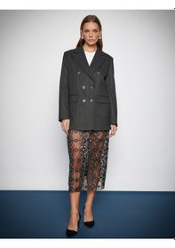 Resim Koton Melis Ağazat X Koton - Oversize Kruvaze Blazer Ceket Çizgili 3wak50052ew 3WAK50052EWCS5 Gri 