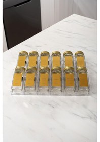 Resim 12'li Şeffaf Kristal Plexi Standlı Cam Baharatlık Seti Gold Kapaklı Etiketli Baharatlık Mh03gld12 Gold - Şeffaf 