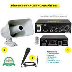 Resim Yüksek Ses Anons Pazarcı Hoparlör Seti (Açık Hava Horn Hoparlör - Mikrofon - USB - Sd Kart Girişli) 