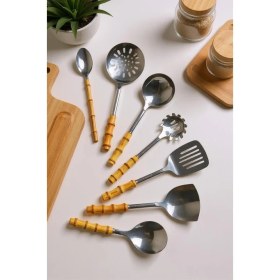 Resim Atbyhome Bambum Mundo 7 Parça Bambu Saplı Çelik Mutfak Gereç Seti Çeyiz Seti Kaşık Kevgir Kepçe 