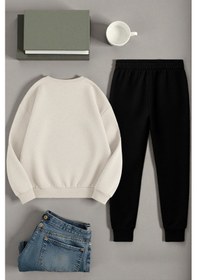 Resim Uyguntarz Unisex Kurdele Tasarım Baskılı Bisiklet Yaka Sweatshirt 2'li Eşofman Takımı Bej 