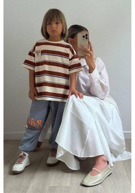 Resim Erkek Çocuk Pamuklu Kumaş Çizgili Tshirt Ve Eşofman Altı Alt Üst Takım Bej Kahverengi Çok Renkli 