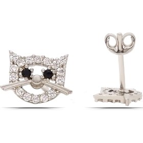 Resim Kedi Tasarım 925 ayar Gümüş Çocuk Küpe 