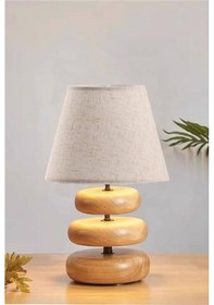 Resim Afro Masif Ahşap Ayaklı Krem Keten Kumaş Şapkalı Dekoratif Abajur Keten 