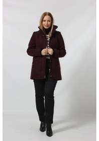 Resim Moda Berray Önü Fermuarlı Ve Düğme Detaylı Kapüşonlu Kaşe Kaban Bordo 
