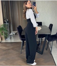 Resim Nevege Butik Kadın Düğmeli Örme Likralı Palazzo Pantolon Siyah 