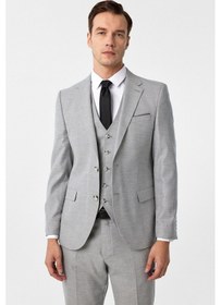 Resim Süvari Gri Slim Fit Desenli Mono Yaka 6 Drop Yelekli Klasik Takım Elbise 