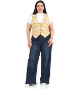 Resim Büyük Beden Düğme Kapamalı Cep Kapaklı Astarlı Kısa Kareli Hardal Yelek Hardal 