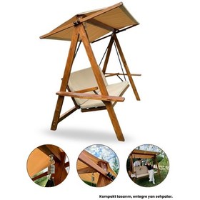 Resim Riva 2100 3 Kişilik Ahşap Bahçe Salıncağı, Balkon ve Teras Salıncağı, Tenteli Camel 