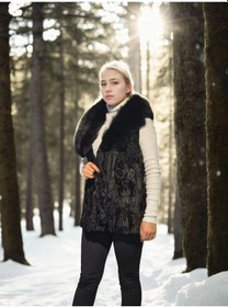 Resim Kadın Kolsuz Hakiki Kürk - Siyah Kahve 