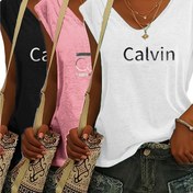 Resim 3 Adet Kadın Casual V Yaka Kolsuz Tank Top - CALVIN Baskılı, Beyaz, Açık Mavi & Siyah, Nefes Alabilen Yazlık Üstler, Makinede Yıkanabilir 