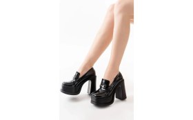 Resim Asmi Shoes Kadın Mila Loafer Model 12 cm Platform Topuklu Ayakkabı Siyah Rugan 