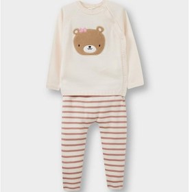 Resim Defacto Kız Bebek 2li Takım Ayı Baskılı Triko Düğmeli Hırka Çizgili Alt F3222a525wner233 Ekru 
