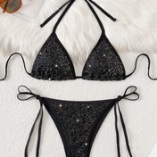 Resim Kadınlar için Şık Payet Bikini Takımı - Seksi Halter Boyunlu Mayo ile Bağcıklı Alt, Parıltılı Siyah Kumaş, Ayarlanabilir Askılar, Havuz Kenarı ve Plaj Giyiminde Mükemmel, Plaj Aksesuarı 