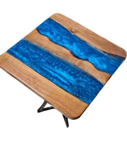 Resim Epoksi Ceviz Ahşap Mavi Masa Metal Ayaklı 55X55 