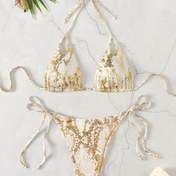 Resim Seksi Avrupa ve Amerikan Çekme İpli Üçgen Kupa Bikini, Sıcak Baskılı Yılan Desenli Askılı Yüzme Kıyafeti, İki Taraflı Kadın Plaj Ayrı Mayo 
