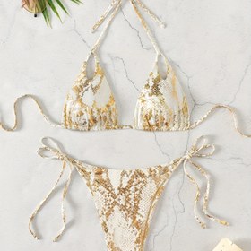 Resim Seksi Avrupa ve Amerikan Çekme İpli Üçgen Kupa Bikini, Sıcak Baskılı Yılan Desenli Askılı Yüzme Kıyafeti, İki Taraflı Kadın Plaj Ayrı Mayo 