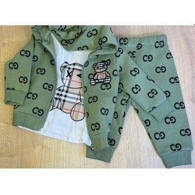 Resim 3'lü Bebek Çocuk Şardonlu Kapişonlu Sweatshirt Uzun Kollu Tshirt Ve Eşohman Altı Takımı-726 Yeşil 