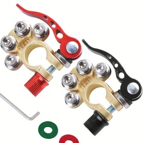Resim 2 adet Pil Terminali Kelepçe Bağlantısı, Kırmızı + Siyah, Hassas Kart Konum Tasarımı, Pozitif / Negatif Göstergeli, Otomotiv Pil Terminali, Çoklu Delikli Terminal Kartı, Hızlı Çıkış Terminali, İnsan Elinde Tutulan Ark Tasarımı ile Uyumludur 