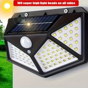 Resim 1 adet 100LED Hareket Sensörlü Dış Mekan Yol Lambası Güneş Duvar Aplikasyonu, 3 Mod Ev Adım Güvenlik Lambaları, Patio Dış Duvar Lambaları, Koridorlar, Apartmanlar, Depolar için 270° Aydınlatma Açısı, ABS Malzeme Güneş Enerjili Şarj Edilebilir Fenerler, COB Aydınlatma 