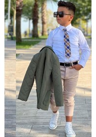 Resim Riccotarz Erkek Çocuk Klasik Gömlek Kravatlı Kapitone Yeşil Mont Slim Pantolon Kesim Pantolon Alt Üst Takım Yeşil 