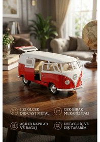 Resim 1:32 Ölçek Metal Çek Bırak Nostaljik Volkswagen T1 Minibüs Vosvos Oyuncak Araba - Kırmızı 13 Cm 