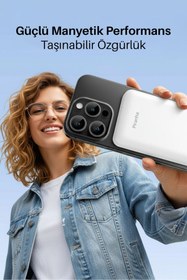 Resim Piranha 9010-B 5000mAh MagSafe Powerbank / Kablosuz + Kablolu 15W/20W/22.5W Hızlı Şarj / Güçlü Manyetik 