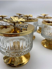 Resim 6'lı Ayaklı Elysia Cam Magnolia Kasesi, Kelebek Kapaklı Dondurmalık, Şekerlik, Çerezlik Gold 