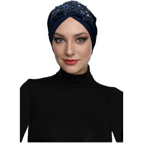Resim Elysianfidan Kopma Astarlı Işlemeli Lacivert Sarı Dantel Motifli Hazır Türban Tesettür Abiye Bone Lacivert Sarı Dantel 