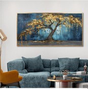 Resim Yağlı Boya Dokulu Tablo Mavi Fonda Tek Sarı Ağaç Altın Çerçeveli U01008-178848 