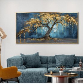 Resim Yağlı Boya Dokulu Tablo Mavi Fonda Tek Sarı Ağaç Altın Çerçeveli U01008-178848 