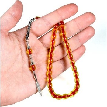 Hakkı Usta İmzalı Beyzi Kesim Hareli Kahverengi Sıkma Kehribar Tesbih