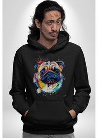 Resim Sulu Boya Pug Köpek Kadın Erkek Siyah Kapüşonlu Sweatshirt Hoodie Siyah 