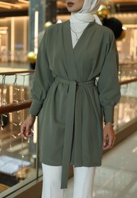 Resim Manşetli Kuşaklı Haki Kimono - 36-38 