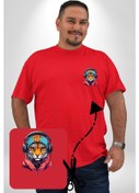 Resim Kulaklık Kedi Leopar Bandana Kırmızı Büyük Beden Kadın Basic Minimal Baskılı Tişört Kırmızı 