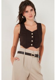 Resim Lela Slim Fit Kalp Yaka Düğmeli Kalın Askılı Crop Bayan Yelek 5865497 Kahve 