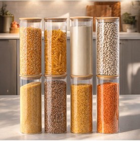 Resim Porsima 418 8li Yuvarlak 1750 Ml Bambu Vakumlu Kapaklı Cam Kavanoz Seti Saklama Kabı 10x25cm Şeffaf 